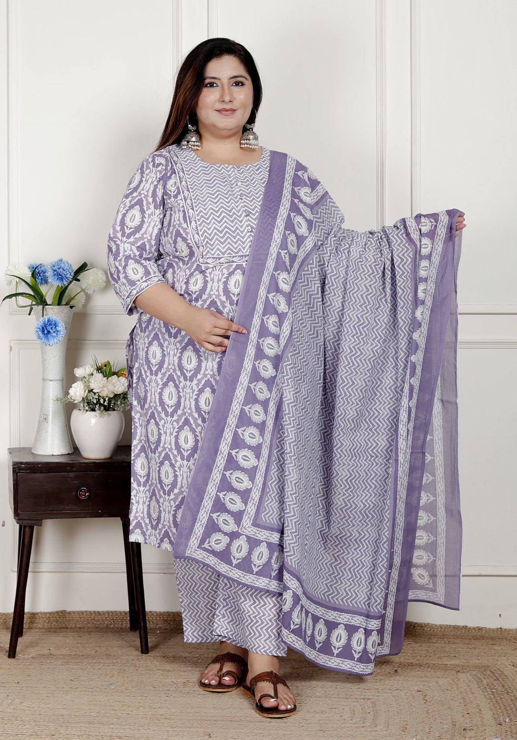 Plus Size Purple Cotton Printed Kurta Pant Set with Dupatta-200079 Main image