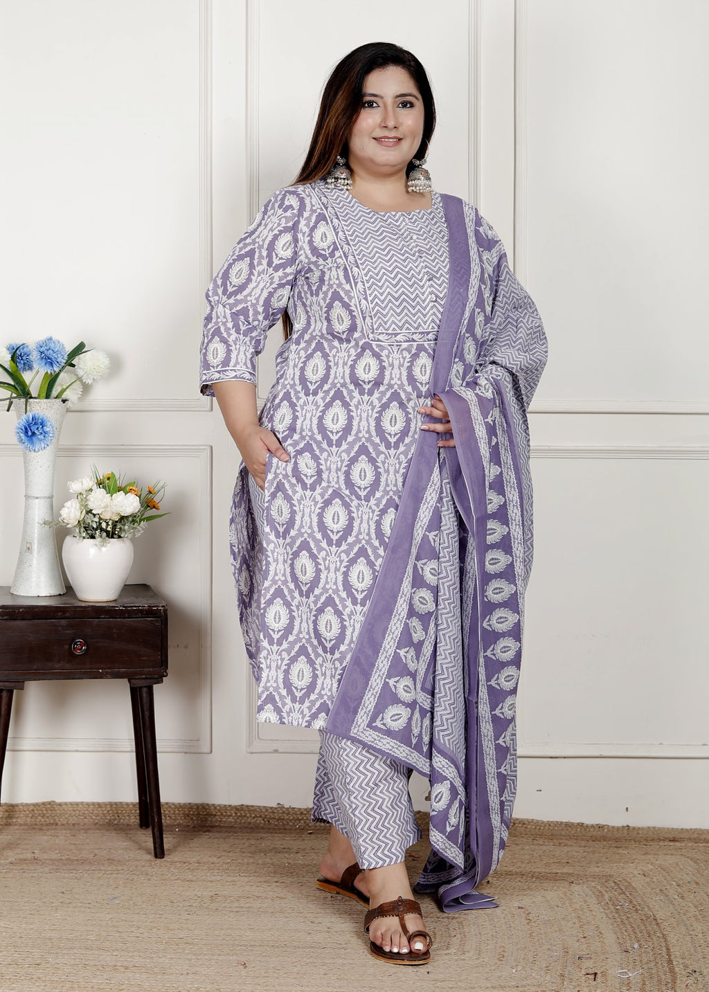 Plus Size Purple Cotton Printed Kurta Pant Set with Dupatta-200079
