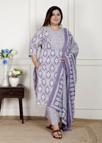 Plus Size Purple Cotton Printed Kurta Pant Set with Dupatta-200079