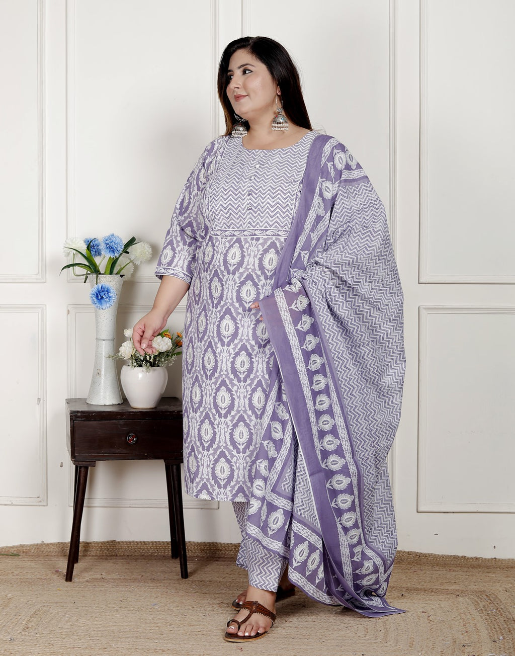 Plus Size Purple Cotton Printed Kurta Pant Set with Dupatta-200079