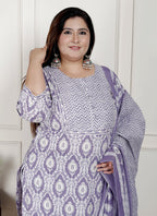 Plus Size Purple Cotton Printed Kurta Pant Set with Dupatta-200079