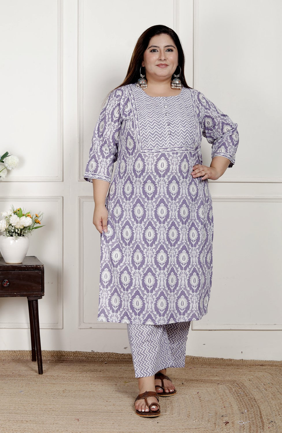 Plus Size Purple Cotton Printed Kurta Pant Set with Dupatta-200079