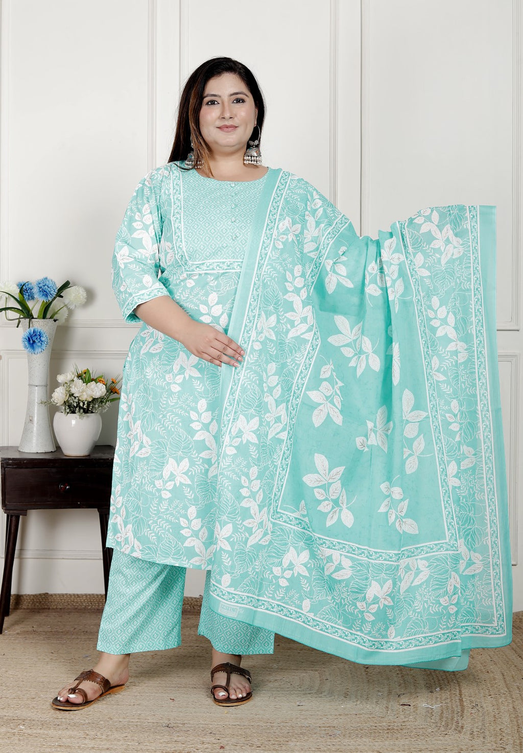 Plus Size Sky Blue Cotton Printed Kurta Pant Set with Dupatta-200080