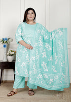 Plus Size Sky Blue Cotton Printed Kurta Pant Set with Dupatta-200080