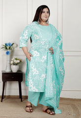 Plus Size Sky Blue Cotton Printed Kurta Pant Set with Dupatta-200080