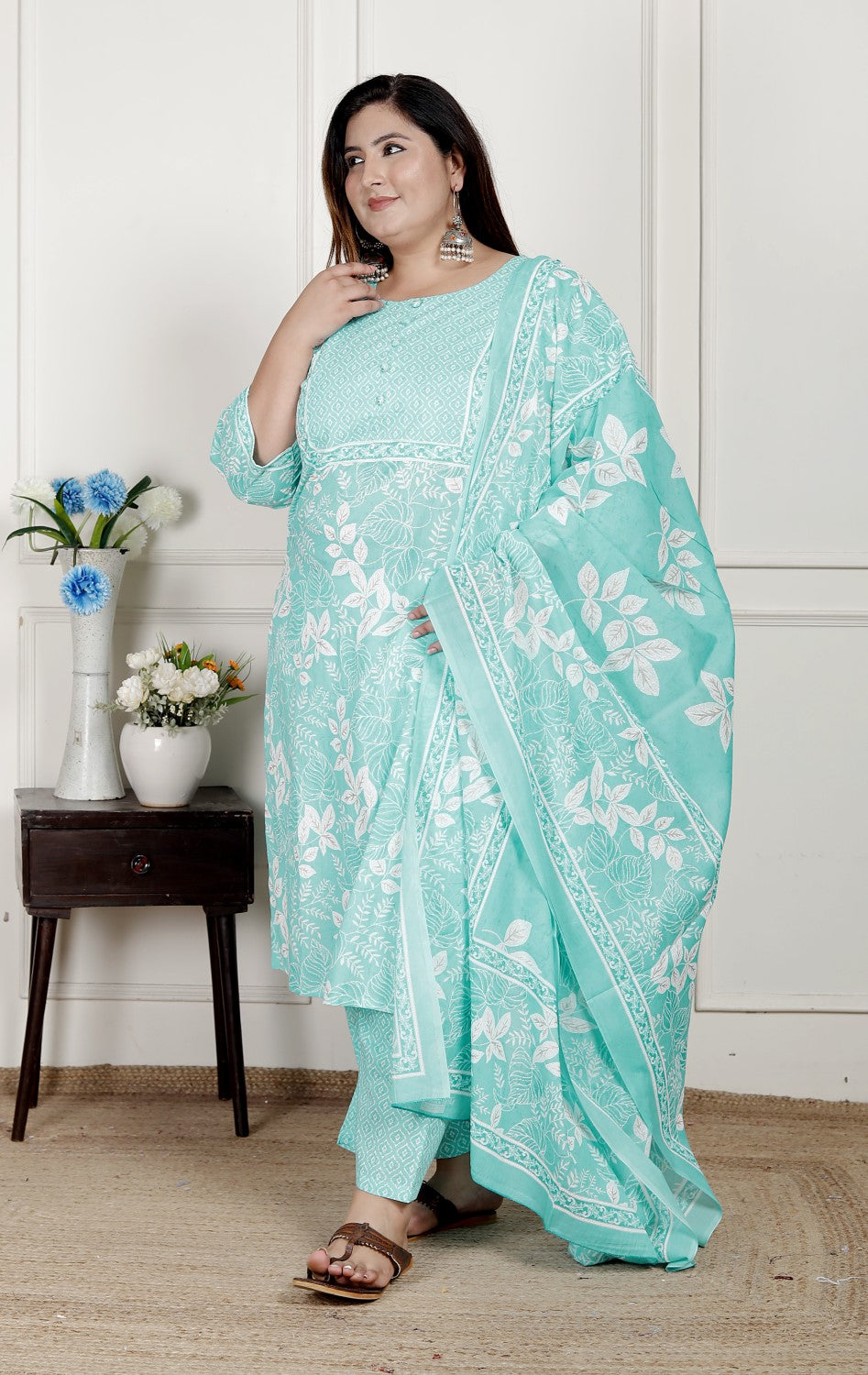 Plus Size Sky Blue Cotton Printed Kurta Pant Set with Dupatta-200080