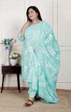 Plus Size Sky Blue Cotton Printed Kurta Pant Set with Dupatta-200080