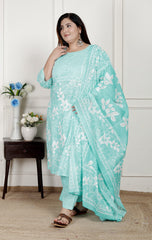 Plus Size Sky Blue Cotton Printed Kurta Pant Set with Dupatta-200080
