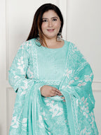 Plus Size Sky Blue Cotton Printed Kurta Pant Set with Dupatta-200080