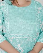 Plus Size Sky Blue Cotton Printed Kurta Pant Set with Dupatta-200080