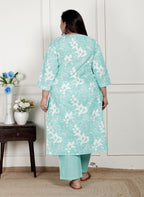 Plus Size Sky Blue Cotton Printed Kurta Pant Set with Dupatta-200080