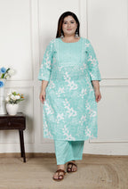 Plus Size Sky Blue Cotton Printed Kurta Pant Set with Dupatta-200080