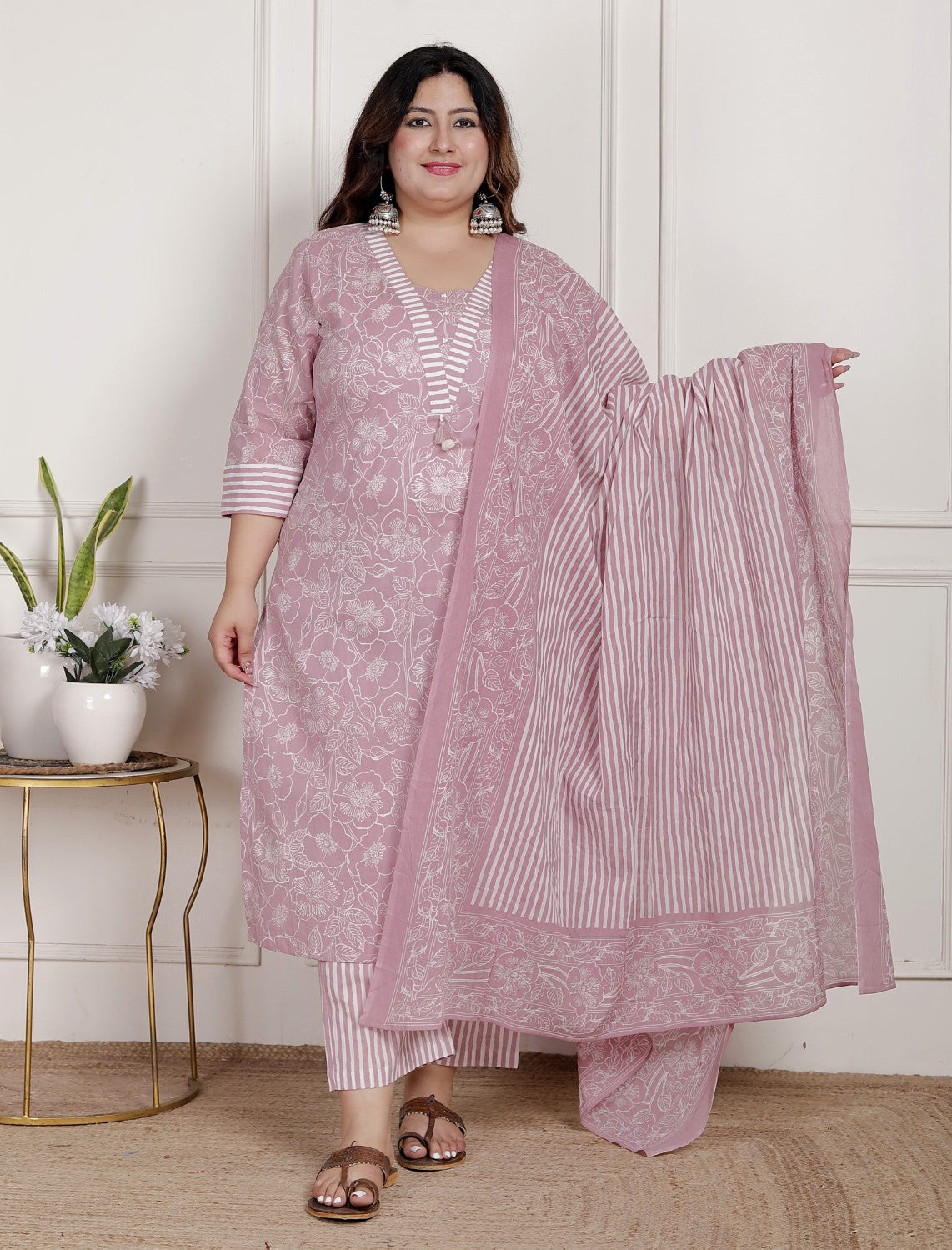 Plus Size Pink Cotton Printed Kurta Pant Set with Dupatta-200081 Main image