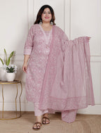 Plus Size Pink Cotton Printed Kurta Pant Set with Dupatta-200081