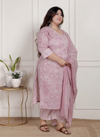 Plus Size Pink Cotton Printed Kurta Pant Set with Dupatta-200081