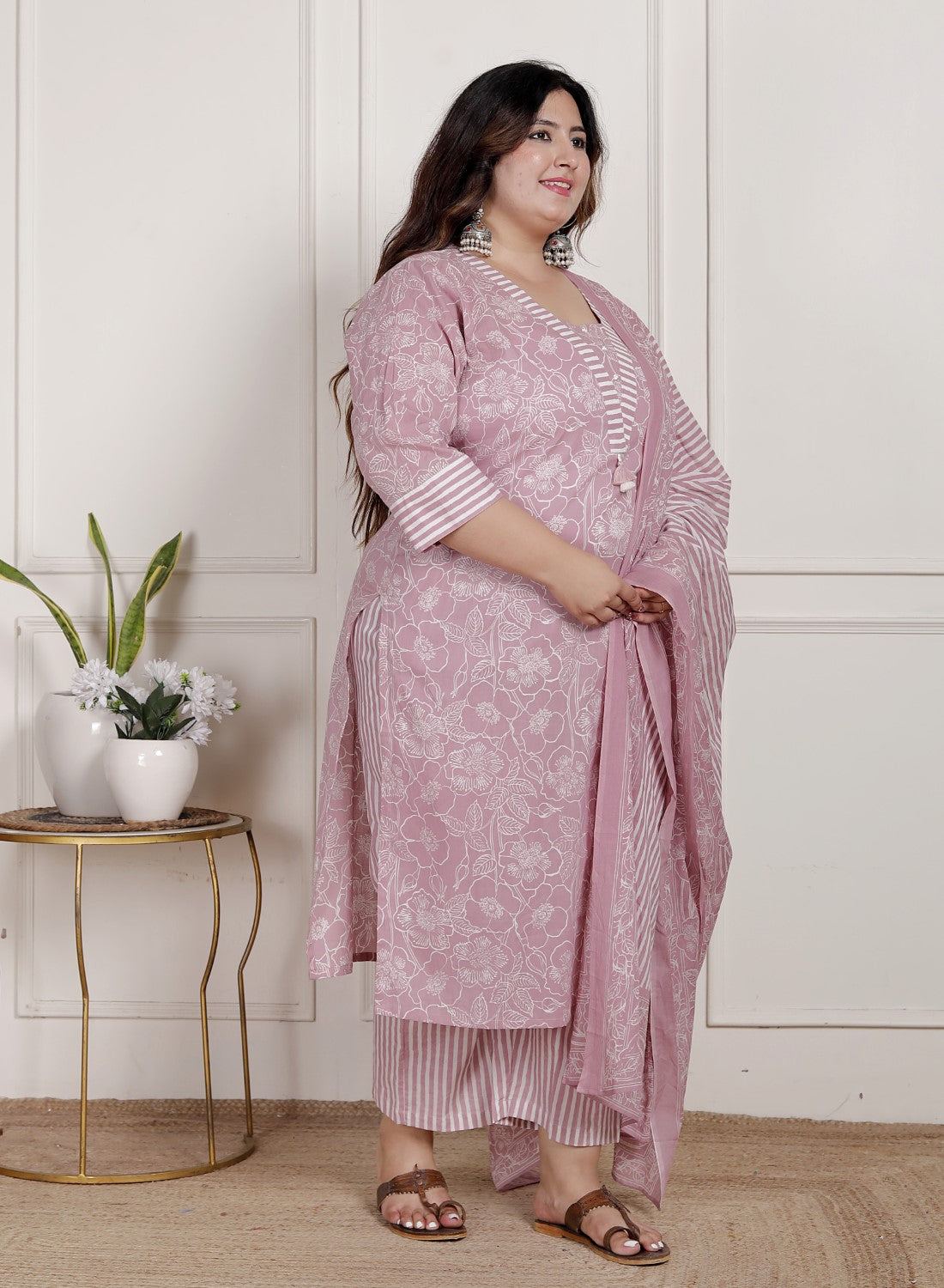 Plus Size Pink Cotton Printed Kurta Pant Set with Dupatta-200081