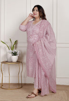 Plus Size Pink Cotton Printed Kurta Pant Set with Dupatta-200081