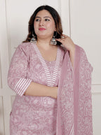 Plus Size Pink Cotton Printed Kurta Pant Set with Dupatta-200081