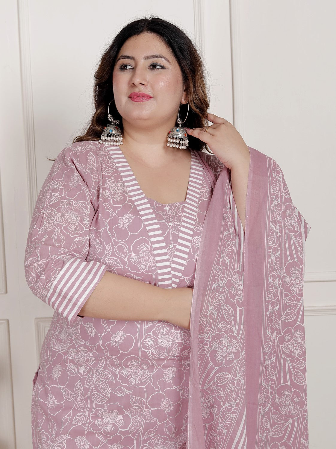Plus Size Pink Cotton Printed Kurta Pant Set with Dupatta-200081