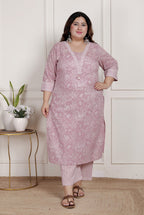 Plus Size Pink Cotton Printed Kurta Pant Set with Dupatta-200081