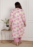 Plus Size Off White Cotton Printed Kurta Pant Set with Dupatta-200082