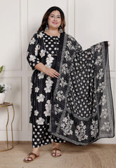 Plus Size Black Cotton Printed Kurta Pant Set with Dupatta-200083