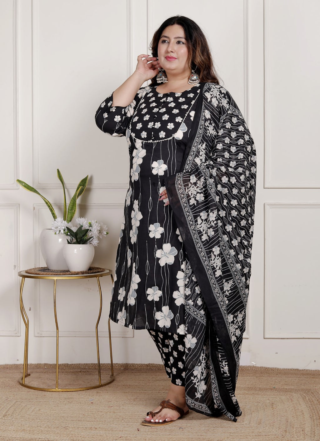 Plus Size Black Cotton Printed Kurta Pant Set with Dupatta-200083