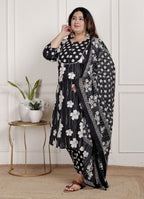 Plus Size Black Cotton Printed Kurta Pant Set with Dupatta-200083