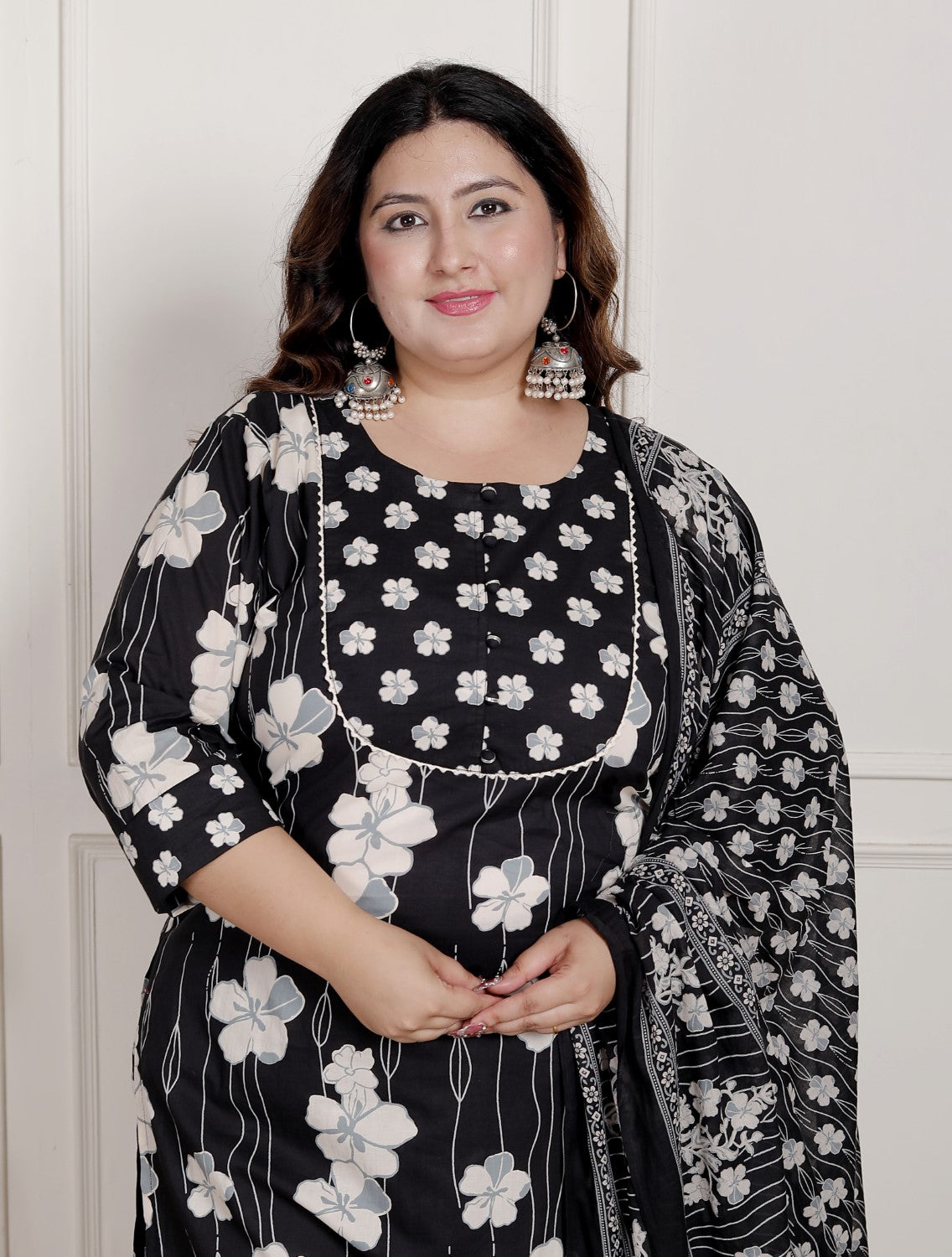 Plus Size Black Cotton Printed Kurta Pant Set with Dupatta-200083