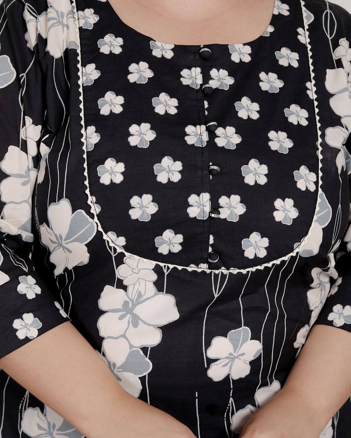 Plus Size Black Cotton Printed Kurta Pant Set with Dupatta-200083