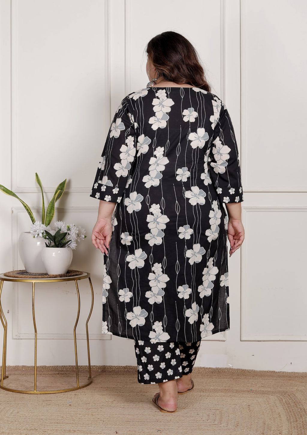 Plus Size Black Cotton Printed Kurta Pant Set with Dupatta-200083