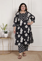 Plus Size Black Cotton Printed Kurta Pant Set with Dupatta-200083