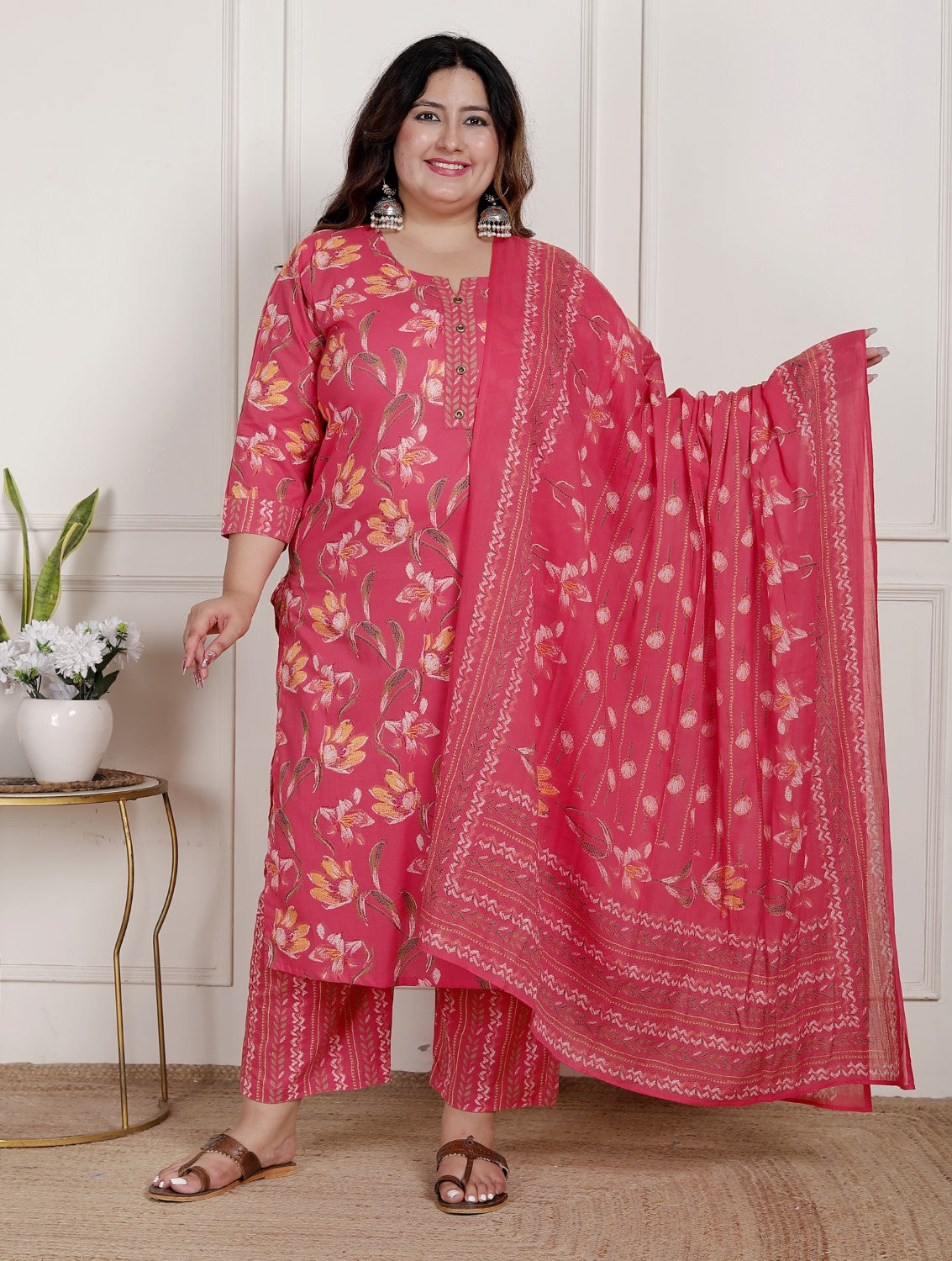 Plus Size Pink Cotton Printed Kurta Pant Set with Dupatta-200084 Main image