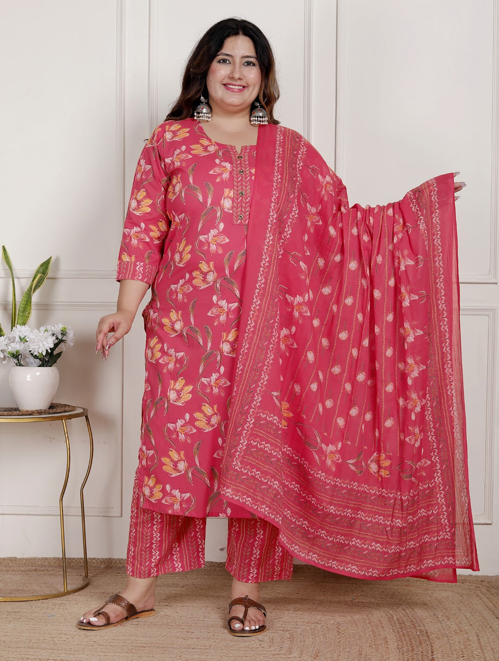 Plus Size Pink Cotton Printed Kurta Pant Set with Dupatta-200084