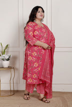 Plus Size Pink Cotton Printed Kurta Pant Set with Dupatta-200084