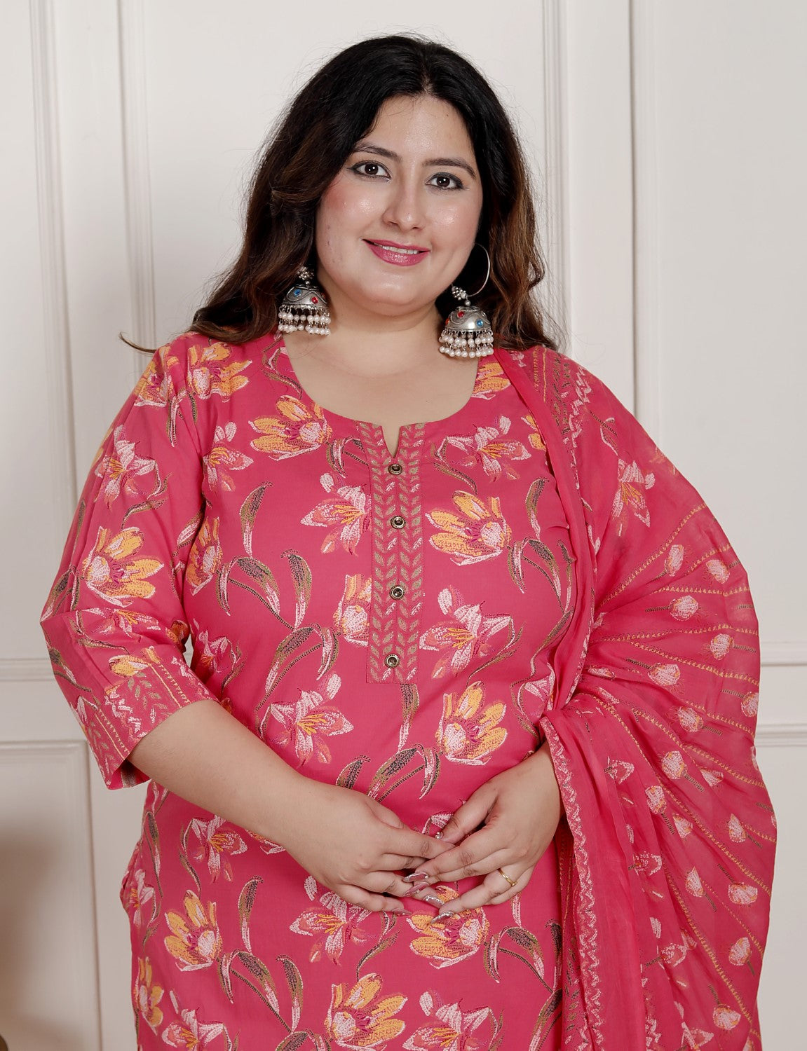 Plus Size Pink Cotton Printed Kurta Pant Set with Dupatta-200084