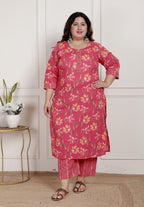 Plus Size Pink Cotton Printed Kurta Pant Set with Dupatta-200084