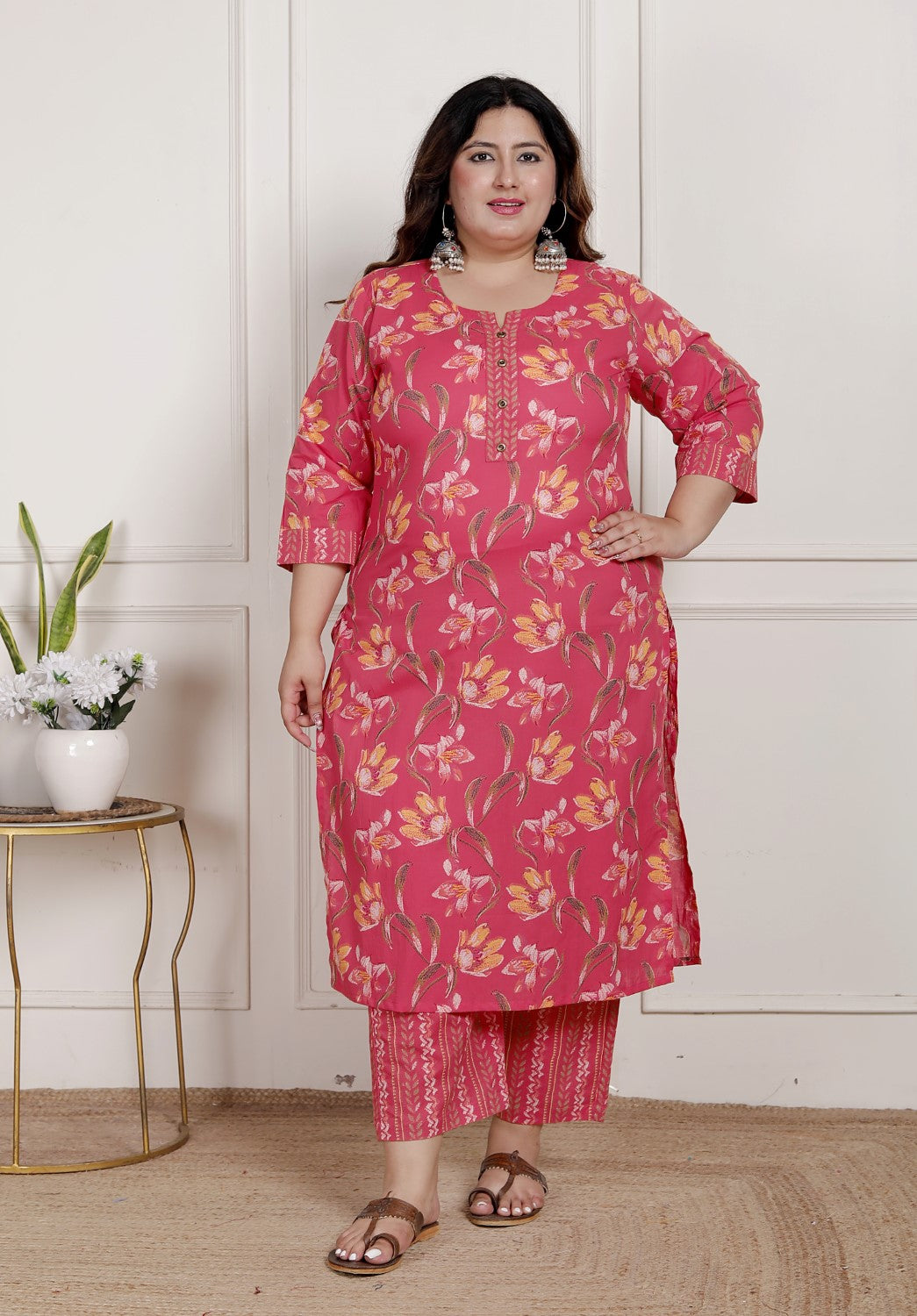 Plus Size Pink Cotton Printed Kurta Pant Set with Dupatta-200084