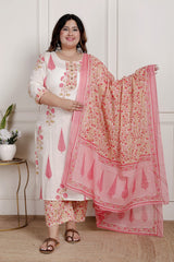 Plus Size Off White Cotton Printed Kurta Pant Set with Dupatta-200085