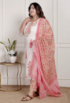 Plus Size Off White Cotton Printed Kurta Pant Set with Dupatta-200085