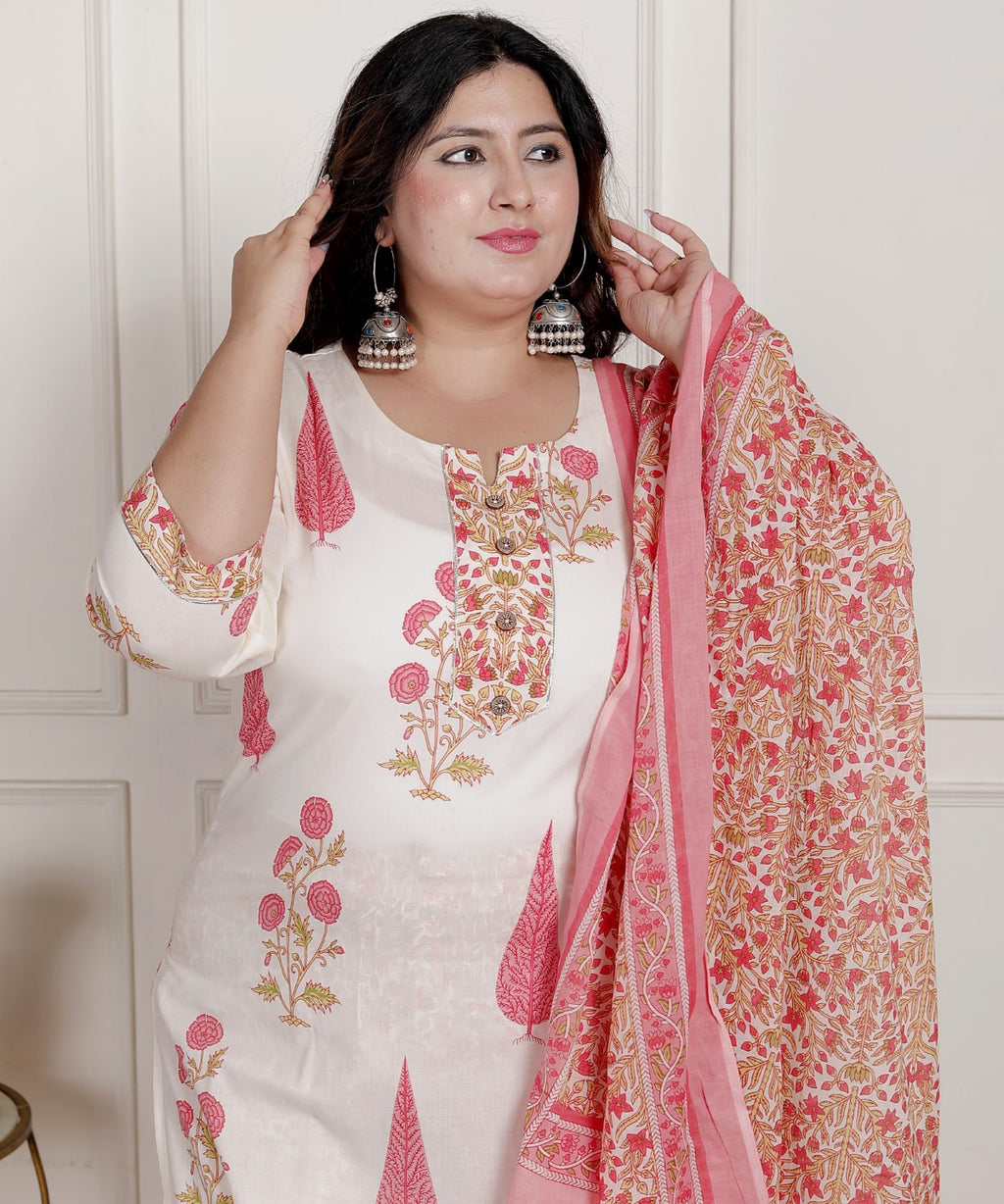 Plus Size Off White Cotton Printed Kurta Pant Set with Dupatta-200085