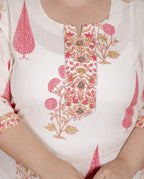 Plus Size Off White Cotton Printed Kurta Pant Set with Dupatta-200085