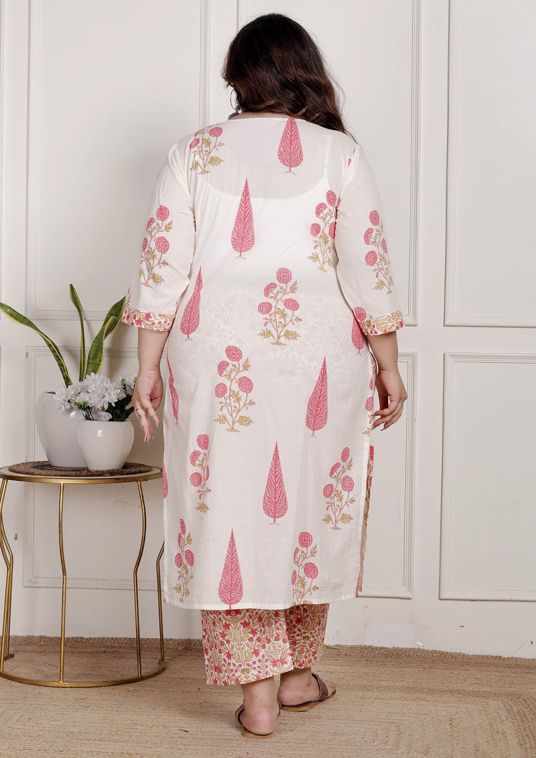 Plus Size Off White Cotton Printed Kurta Pant Set with Dupatta-200085