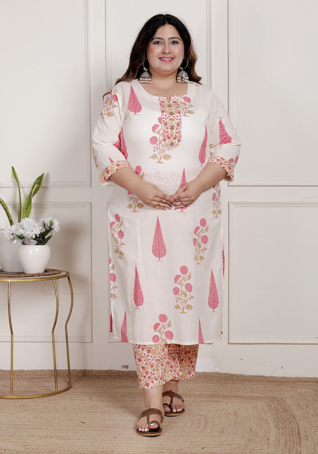 Plus Size Off White Cotton Printed Kurta Pant Set with Dupatta-200085