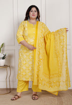 Plus Size Yellow Cotton Printed Kurta Pant Set with Dupatta-200086