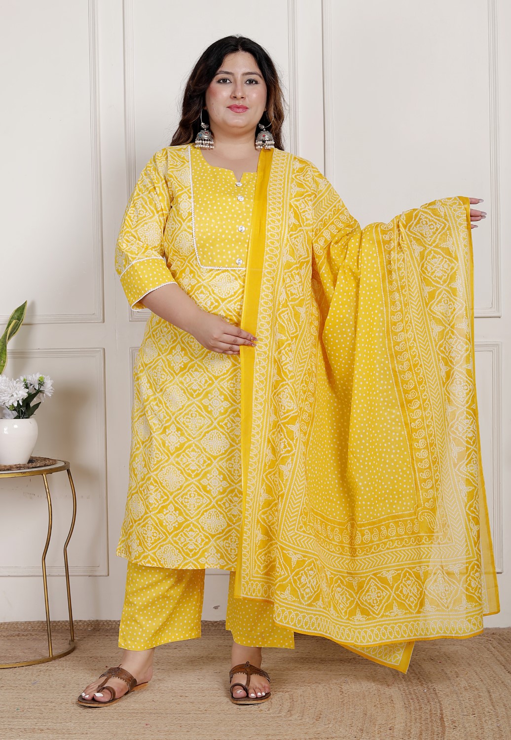 Plus Size Yellow Cotton Printed Kurta Pant Set with Dupatta-200086