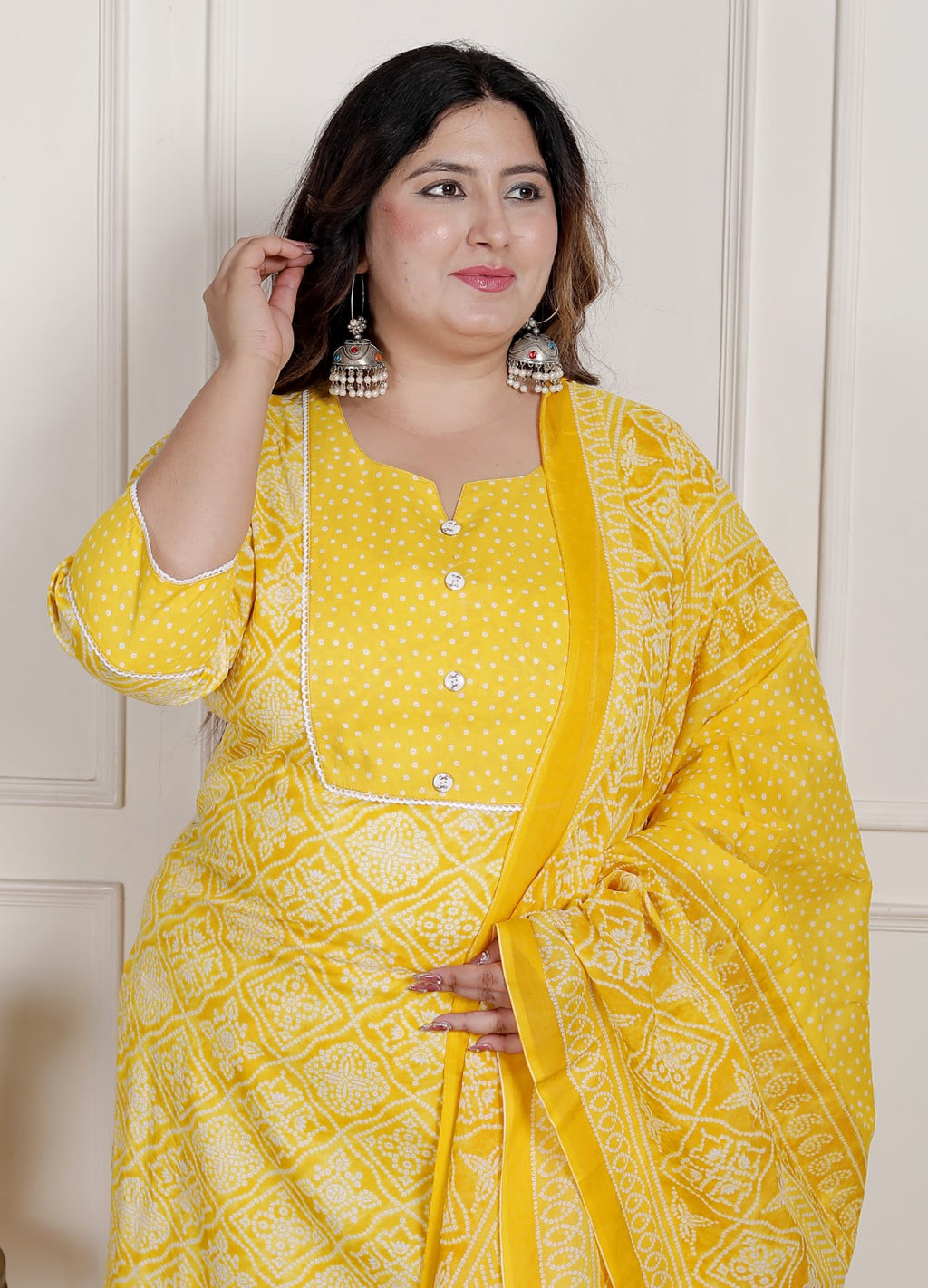 Plus Size Yellow Cotton Printed Kurta Pant Set with Dupatta-200086