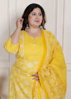 Plus Size Yellow Cotton Printed Kurta Pant Set with Dupatta-200086