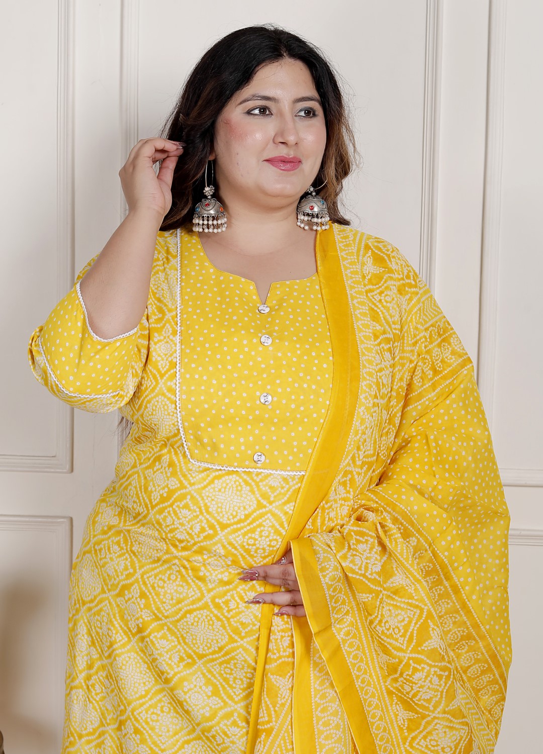 Plus Size Yellow Cotton Printed Kurta Pant Set with Dupatta-200086