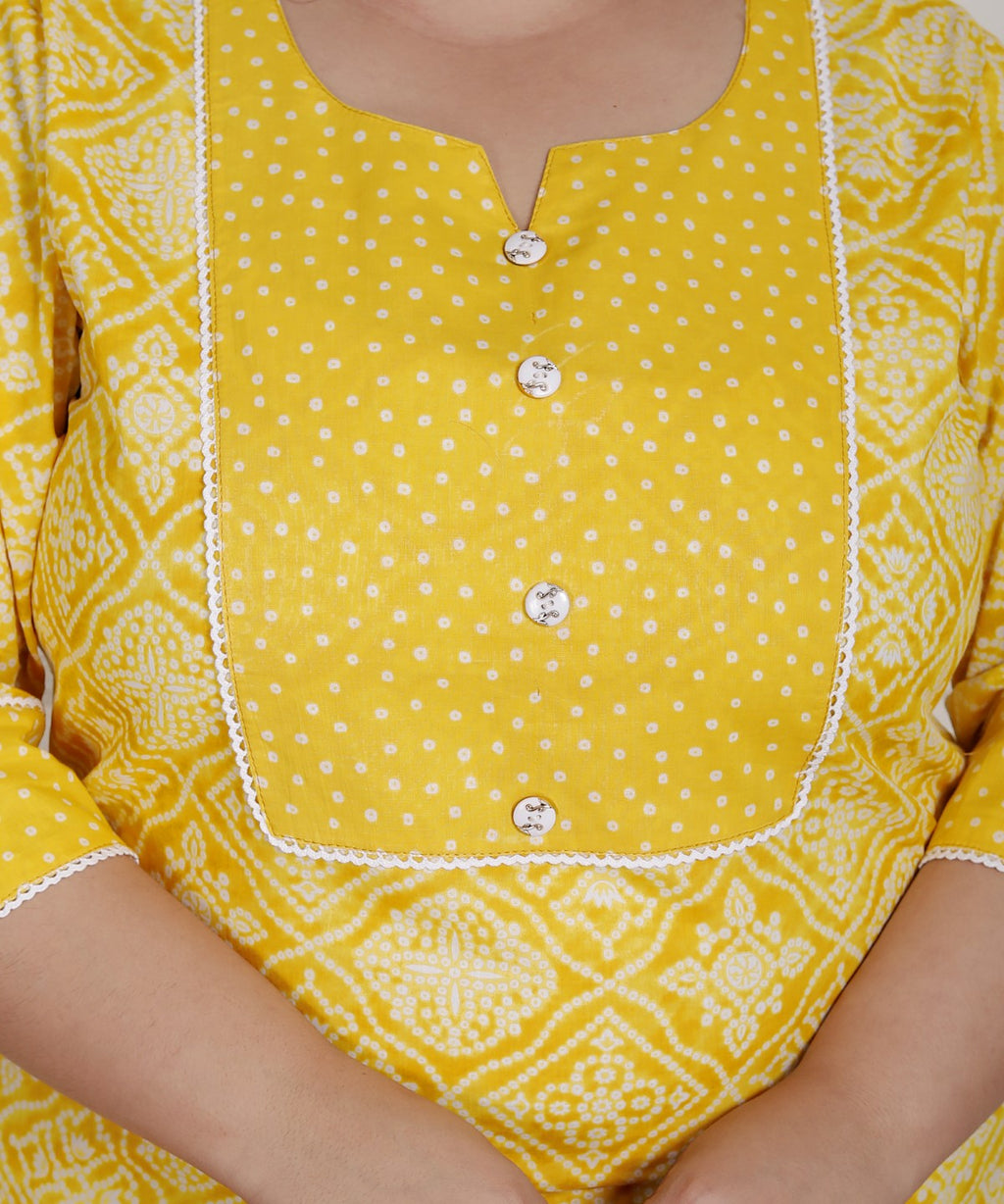 Plus Size Yellow Cotton Printed Kurta Pant Set with Dupatta-200086